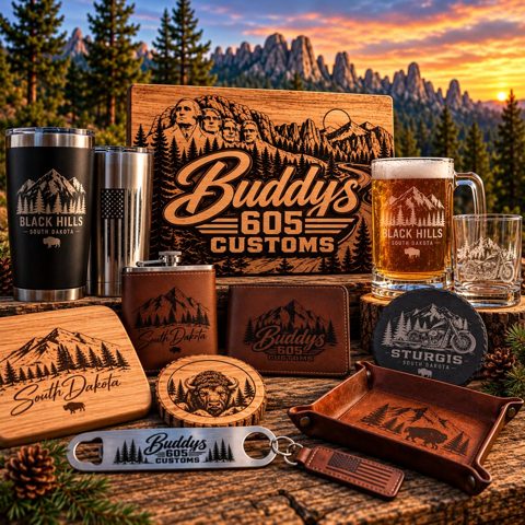 Laser-engraved tumblers, wood sign, flask, wallet, glassware, coasters and bottle opener