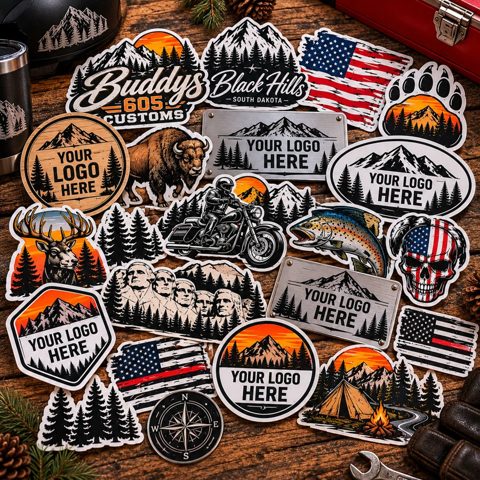 Die-cut stickers and decals with mountain, flag, wildlife and custom logo designs